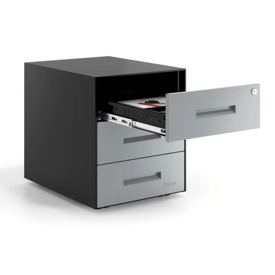 Cassettiera ufficio Block, 3 cassetti, struttura nera, frontali in metallo