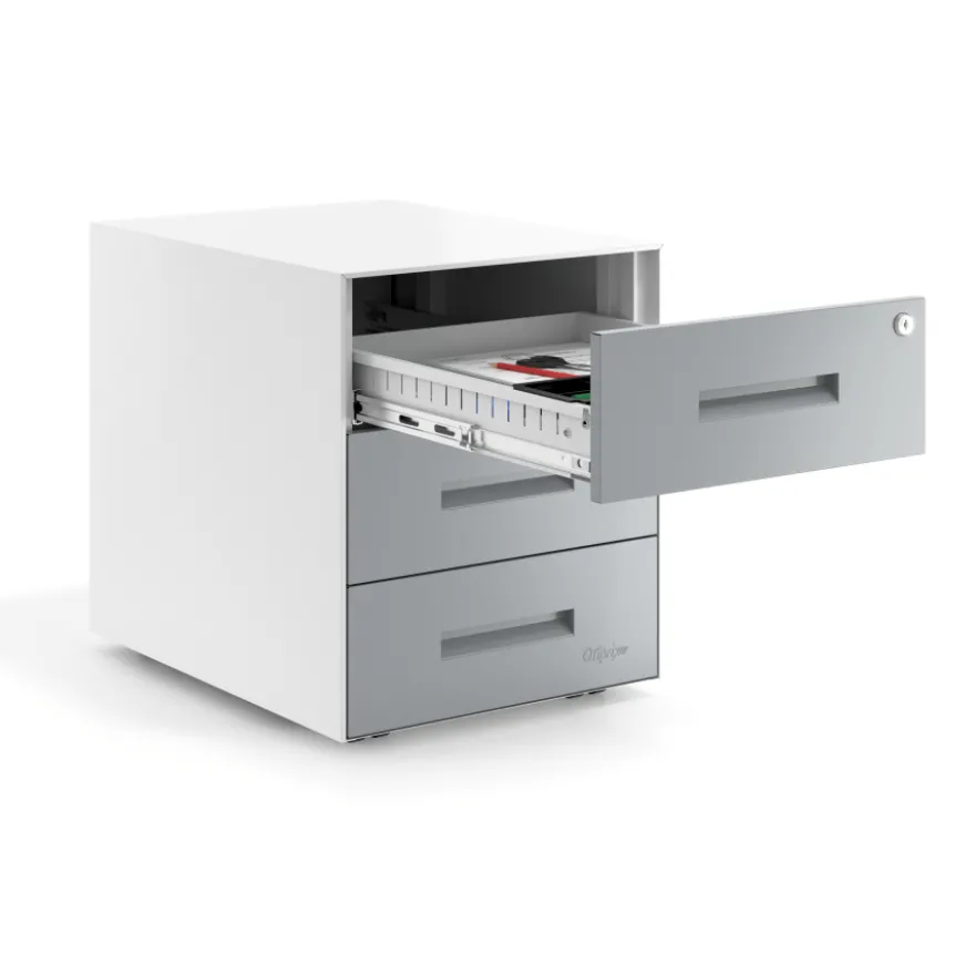 Cassettiera ufficio Block, 3 cassetti, struttura bianca, frontali in metallo