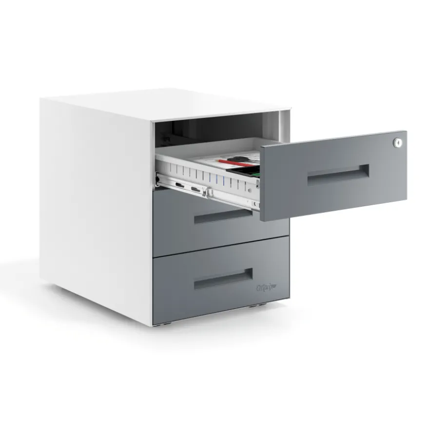 Cassettiera ufficio Block, 3 cassetti, struttura bianca, frontali in metallo