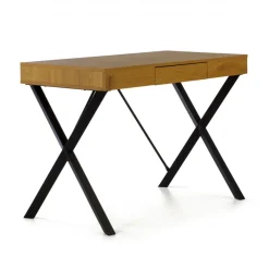 Scrivania PC Niza in legno massiccio di rovere e gambe a croce in acciaio