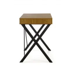 Scrivania PC Niza in legno massiccio di rovere e gambe a croce in acciaio