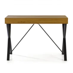 Scrivania PC Niza in legno massiccio di rovere e gambe a croce in acciaio