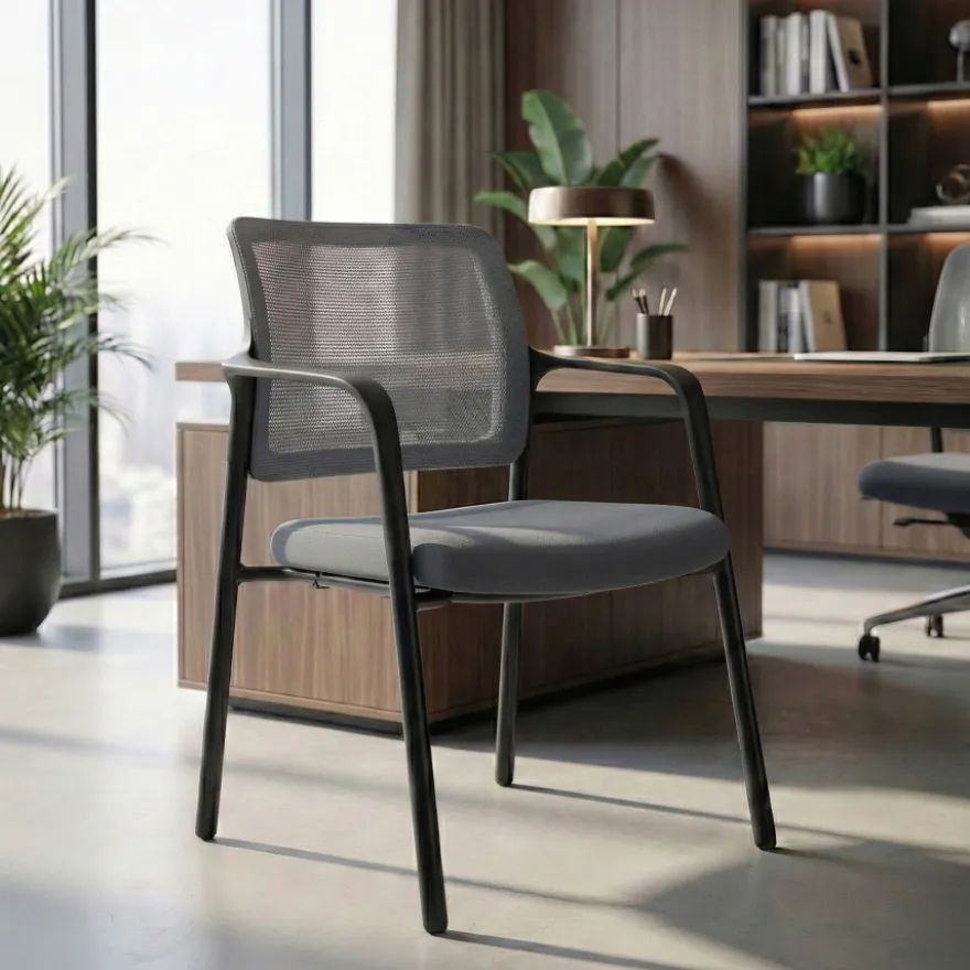 Sedia Conferenza Hermes con braccioli, base a 4 gambe, seduta ampia, schienale in rete