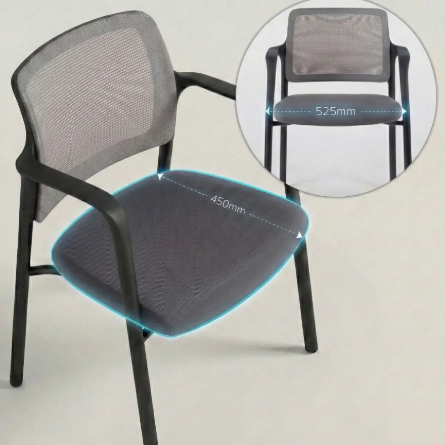 Sedia Conferenza Hermes con braccioli, base a 4 gambe, seduta ampia, schienale in rete