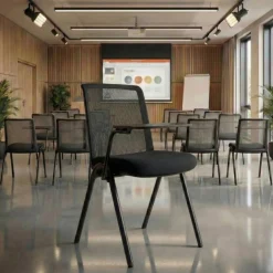 Sedia da conferenza Dora con tavoletta scrittoio, schienale in rete, impilabile