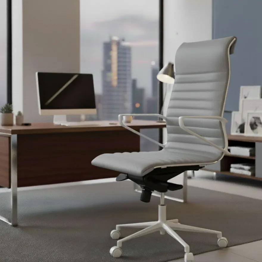 Sedia da ufficio design Cagliari, struttura bianca, schienale alto, ecopelle