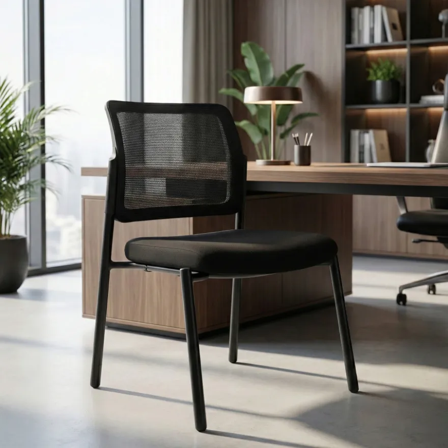Sedia visitatore Hermes, base a 4 gambe, seduta ampia, schienale in rete